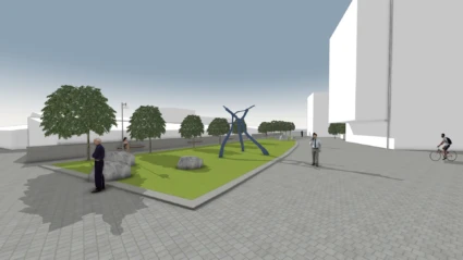 Illustration som visar hur Kajpromenaden kan se ut när vi skapat en grönyta för att förbättra för träden.