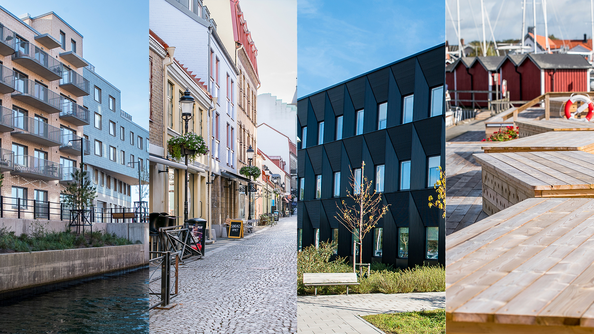 Collage med de fyra finalisterna till Helsingborgs stadsbyggnadspris 2025
