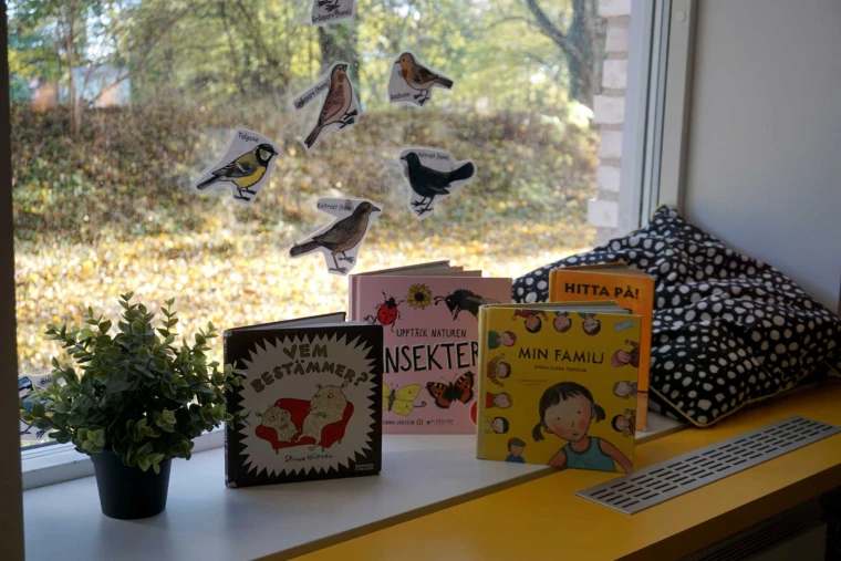 Foto på barnböcker fint arrangerade i fönsterkarmen vid fönstret.
