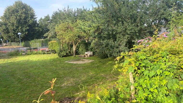 Växthusets förskola, utsikt över trädgården. Foto: Förskolan 2024