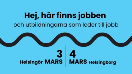 Grafisk bild ang mässan Tura till jobbet. En jobb- och utbildningsmässa 2026. 4 mars i Helsingborg, 3 mars i Helsinggör.
