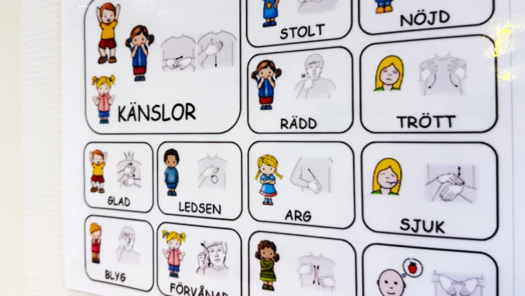 En affisch med olika känslor beskrivna i både text och teckenspråk.