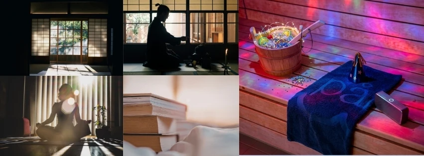 Disco i en bastu, en person som utför yoga, böcker i en hög.