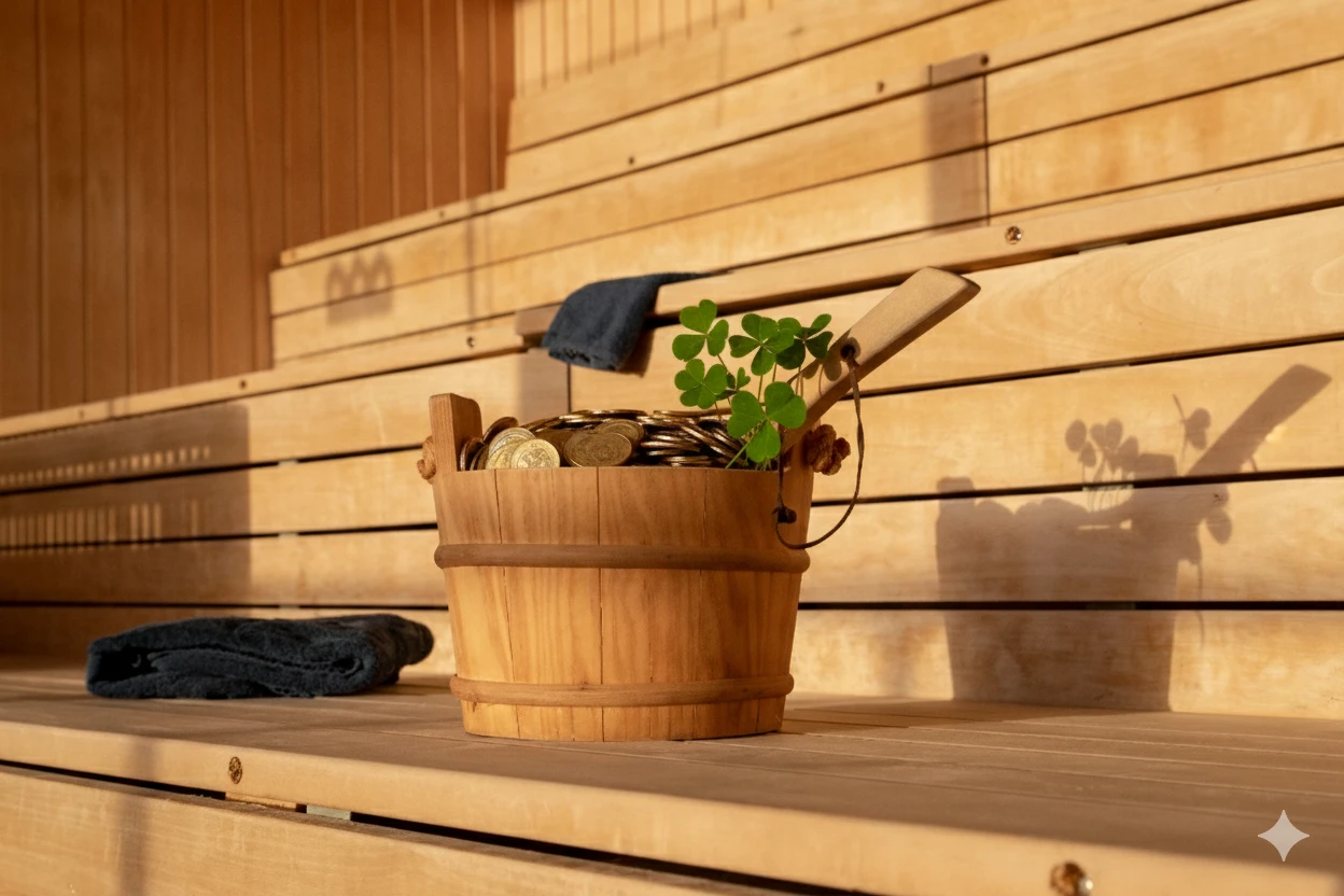 Hink med vatten i en bastu. Hinken är fylld med guldmynt och fyrklöver.