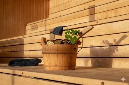 Hink med vatten i en bastu. Hinken är fylld med guldmynt och fyrklöver.