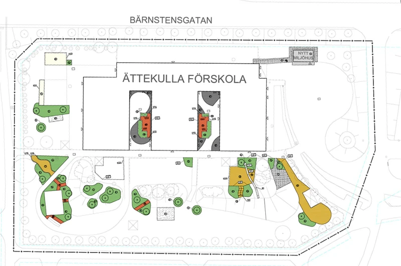Illustration som visar karta med Ättekulla förskolas placering i kvarteret och befintlig utemiljö.