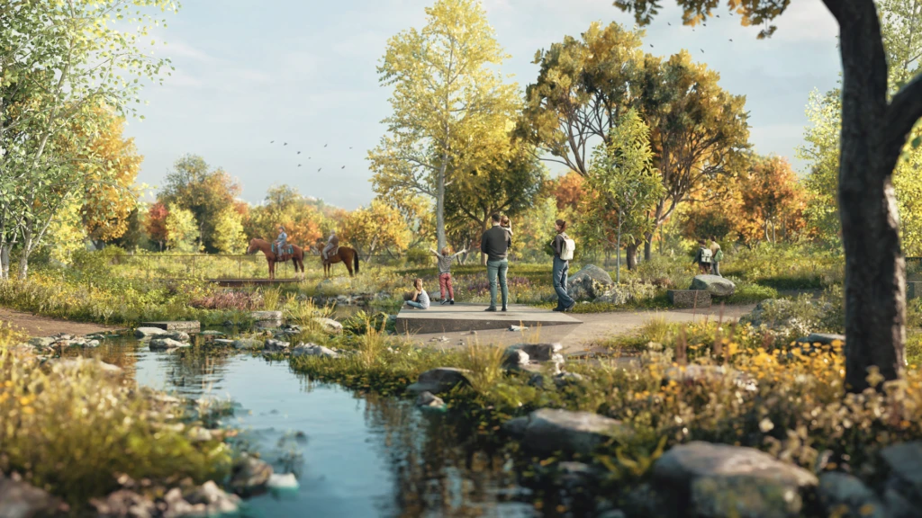 Visionsbild över stadsdelsparken i Östra Ramlösa framtagen av White arkitekter för Helsingborgs stad.