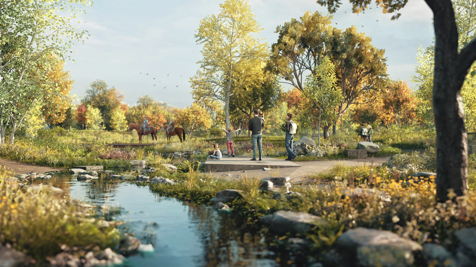 Visionsbild över stadsdelsparken i Östra Ramlösa framtagen av White arkitekter för Helsingborgs stad.
