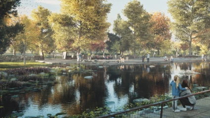Visionsbild över stadsdelsparken i Östra Ramlösa framtagen av White arkitekter för Helsingborgs stad.