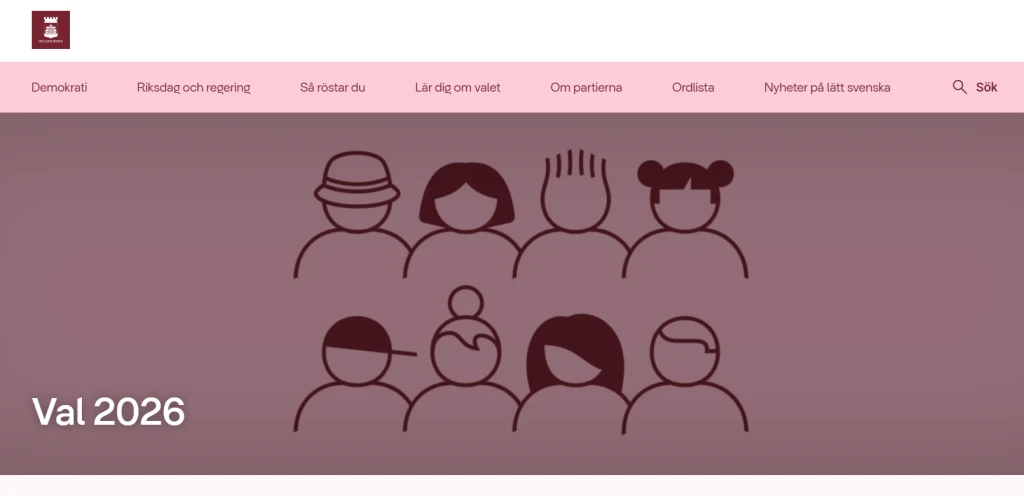 skärmbild på förstasidan på val.helsingborg.se. Rosa sida med pictogram på en grupp människor