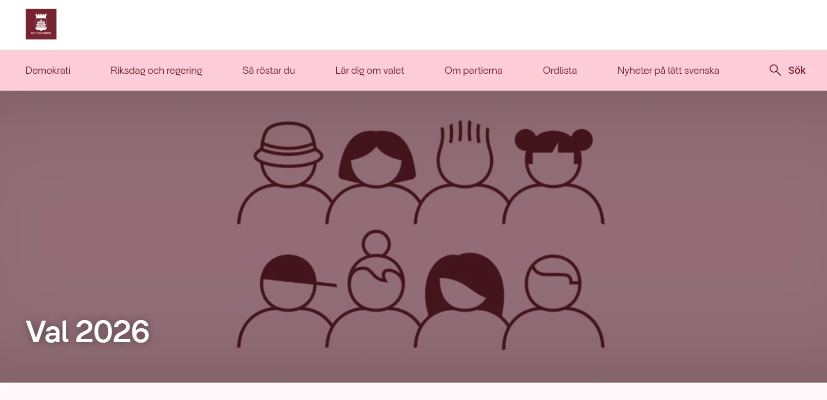 skärmbild på förstasidan på val.helsingborg.se. Rosa sida med pictogram på en grupp människor