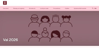 skärmbild på förstasidan på val.helsingborg.se. Rosa sida med pictogram på en grupp människor