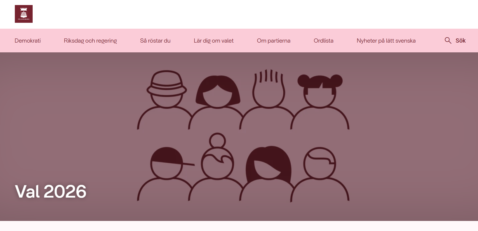 skärmbild på förstasidan på val.helsingborg.se. Rosa sida med pictogram på en grupp människor