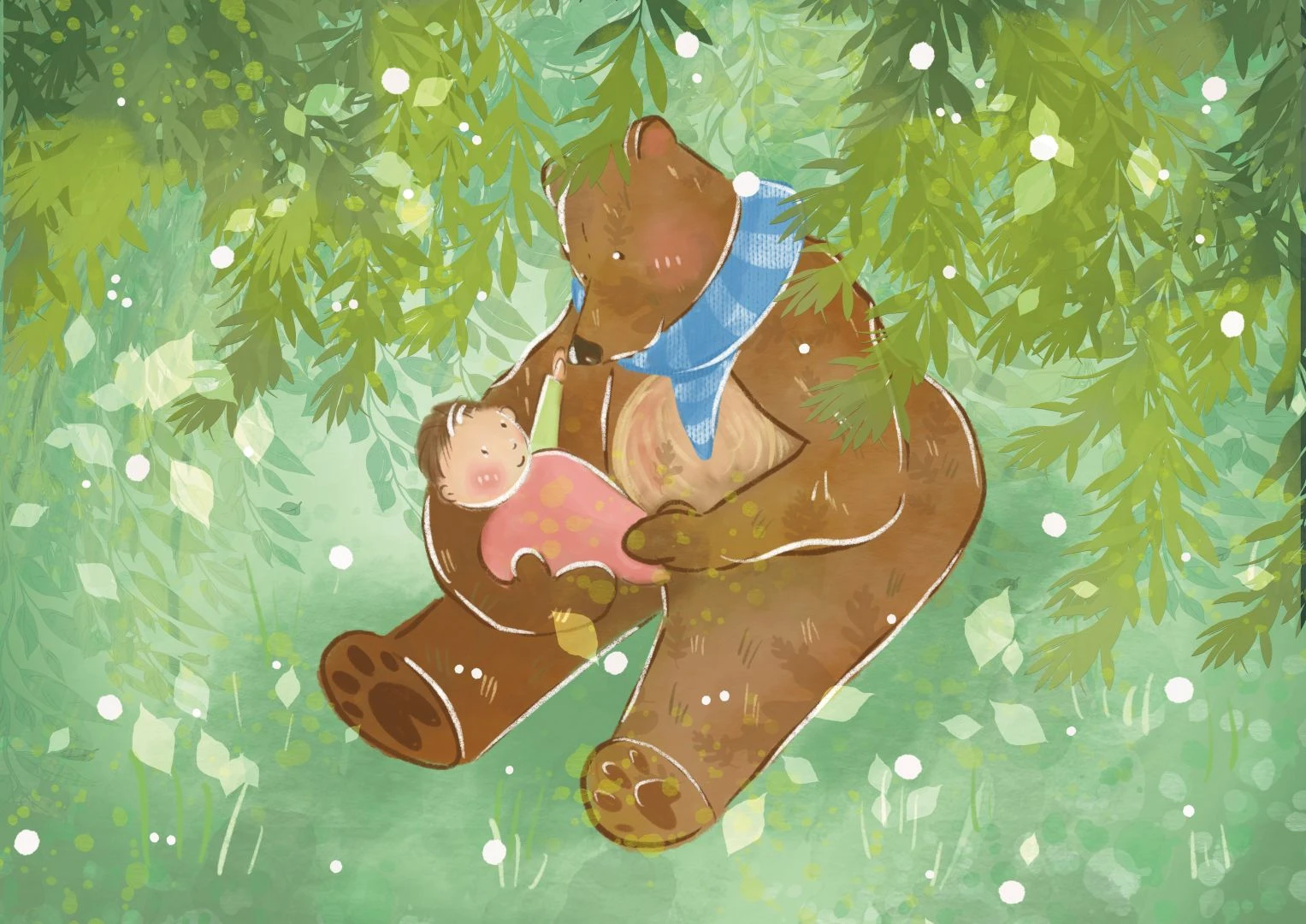 En tecknad björn sitter med ett spädbarn i famnen i framför en grön bakgrund.