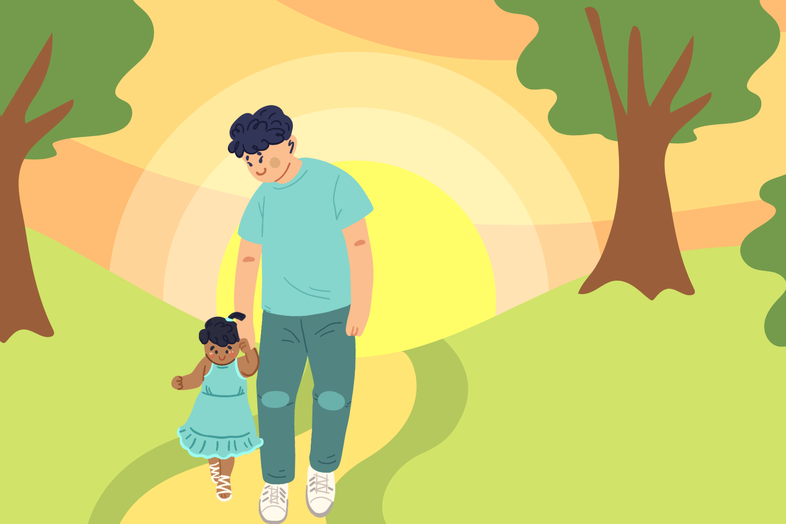 En tecknad pappa och dotter går tillsammans genom en park.