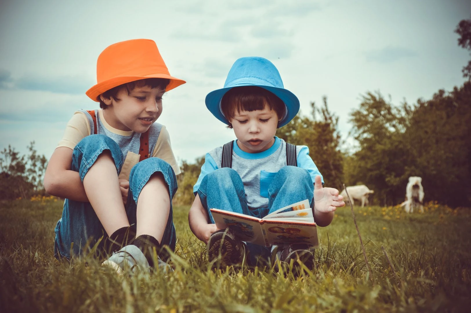Två pojkar, en med orange hatt och en med blå hatt, sitter och läser ur en bok ute på ett gräsfält.