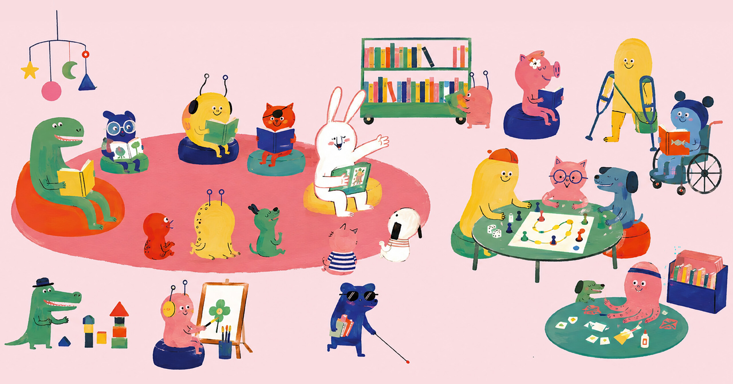 Färgglad illustration av djur och figurer som använder biblioteket på olika sätt