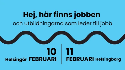 Grafisk bild angående mässan Tura till jobbet. En jobb- och utbildningsmässa 2027. 10 februari i Helsingör, 11 februari i Helsingborg.