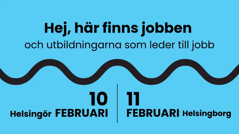 Grafisk bild angående mässan Tura till jobbet. En jobb- och utbildningsmässa 2027. 10 februari i Helsingör, 11 februari i Helsingborg.