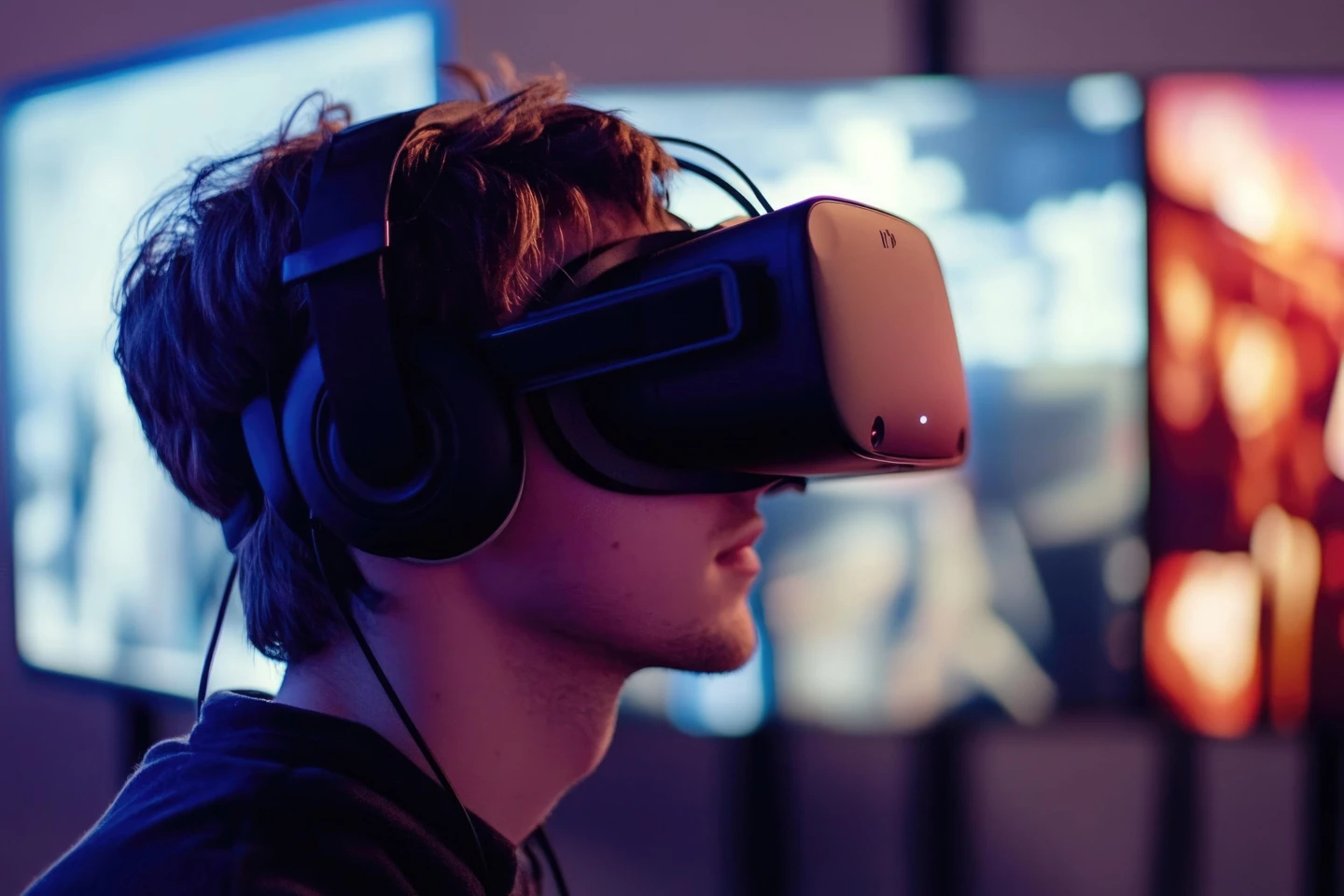 En pojke sitter framför ett antal skärmar med ett VR-headset.
