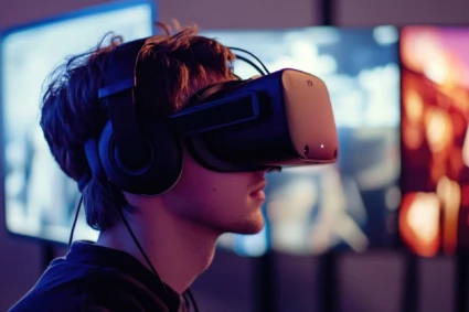 En pojke sitter framför ett antal skärmar med ett VR-headset.
