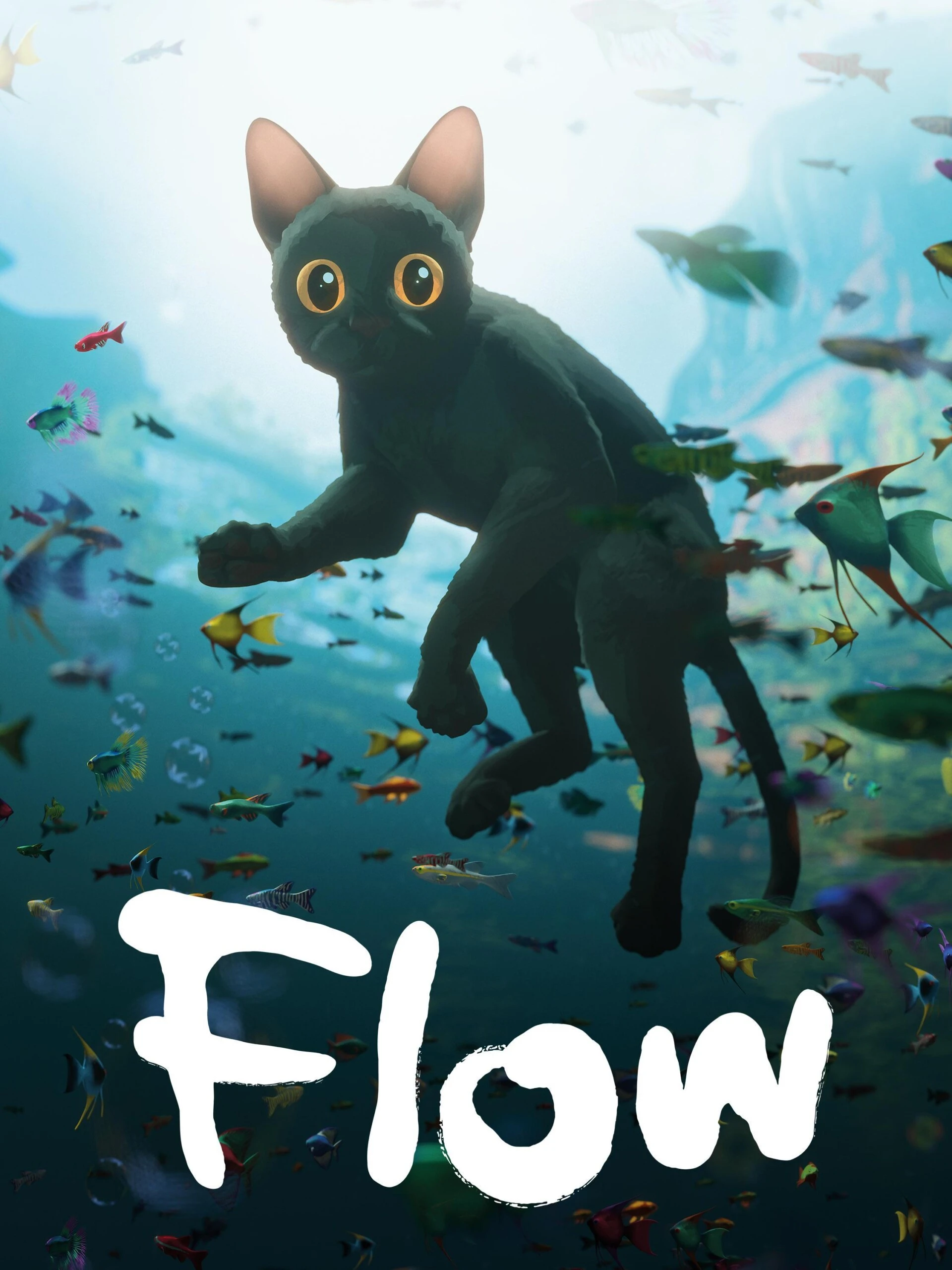 Omslaget för filmen Flow: En animerad svart katt simmar bland fiskar i havet.
