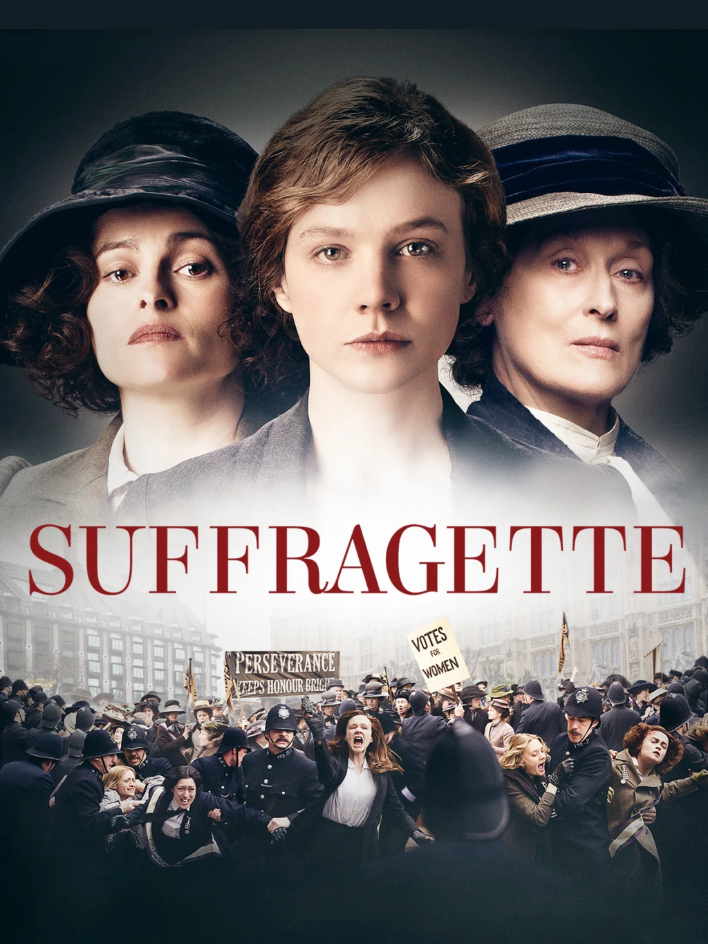 Omslaget för filmen Suffragette: Porträtt av tre kvinnor ovanför en protest för kvinnors rösträtt.