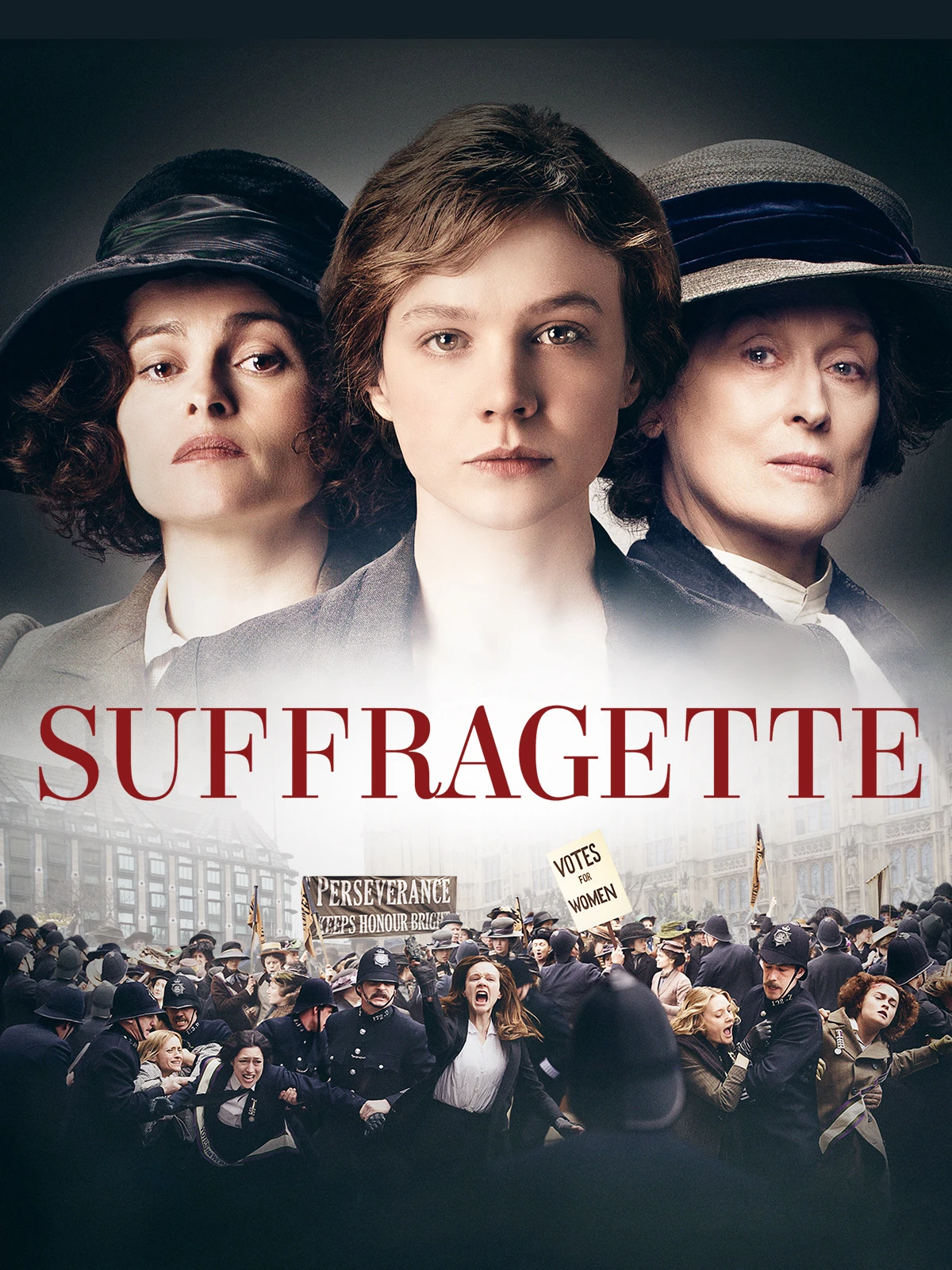 Omslaget för filmen Suffragette: Porträtt av tre kvinnor ovanför en protest för kvinnors rösträtt.