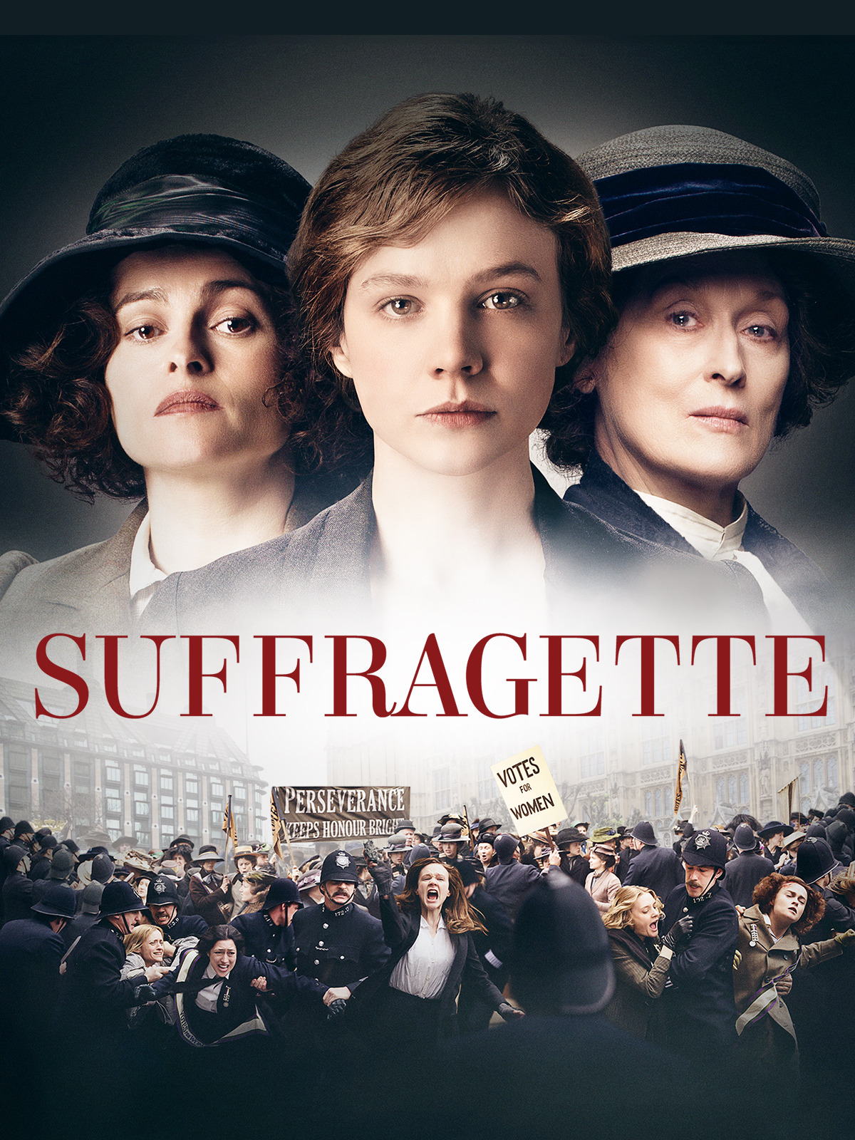 Omslaget för filmen Suffragette: Porträtt av tre kvinnor ovanför en protest för kvinnors rösträtt.