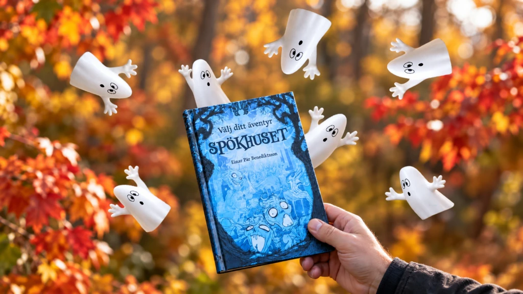 En hand håller i boken Spökhuset. Höstlovets spöken dyker upp ur och runt boken. I bakgrunden syns röda höstträd.