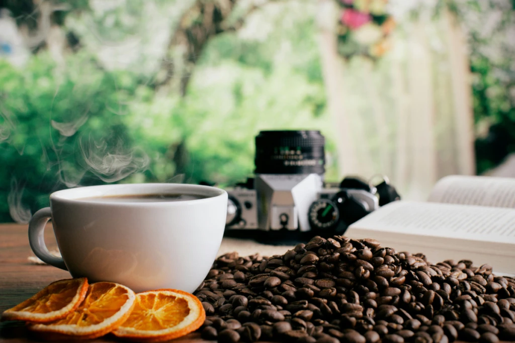 Kopp kaffe, kaffebönor, torkade apelsin skivor och en kamera mot en grön bakgrund.