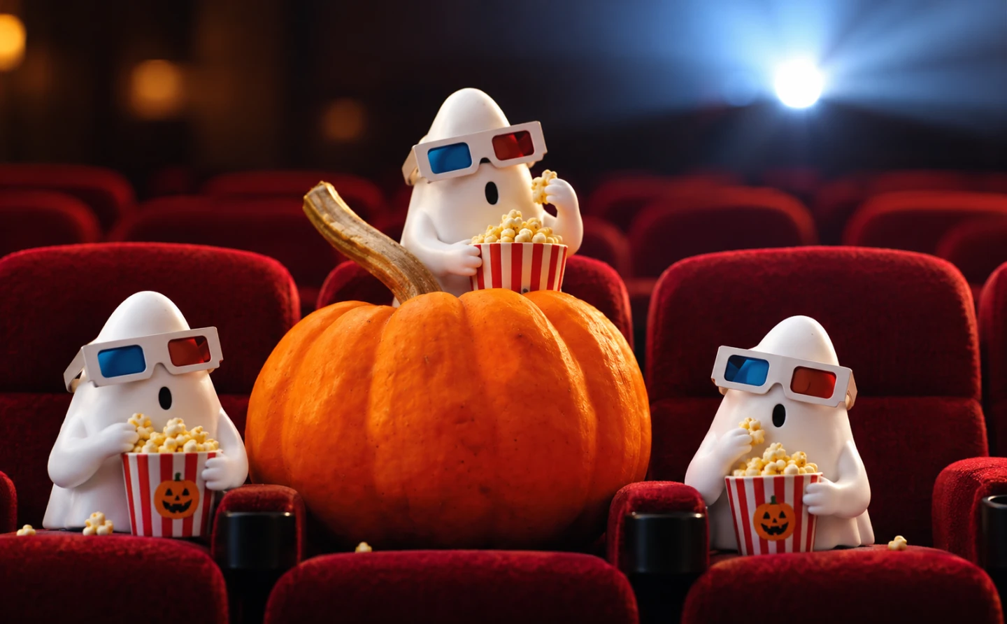 Höstlovets spöken sitter i en biosalong med 3D-glasögon och popcorn. I mitten syns en stor orange pumpa.