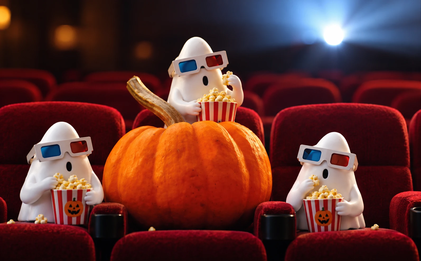 Höstlovets spöken sitter i en biosalong med 3D-glasögon och popcorn. I mitten syns en stor orange pumpa.