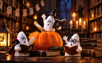 Höstlovets tre spöken spökar på biblioteket. I mitten syns en stor, orange pumpa.