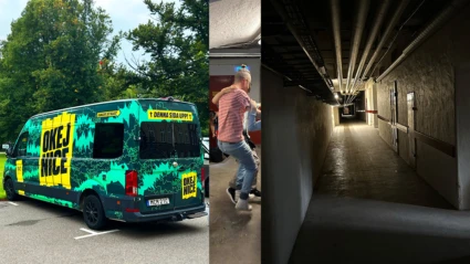 Ett bildkollage med OK Nice-produktionens bil, programledaren för OK Nice samt kulvertarna under fastigheten på Maria Park där inspelningen ägde rum.