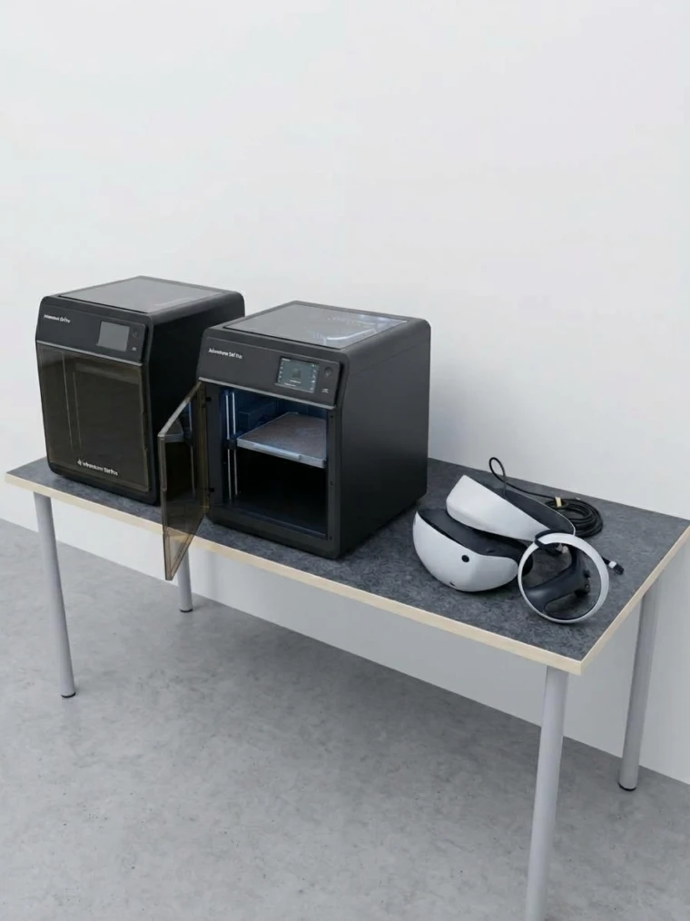 Två 3d-skrivare och vr-glasögon.