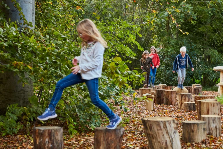barn leker på en hinderbana i en skog