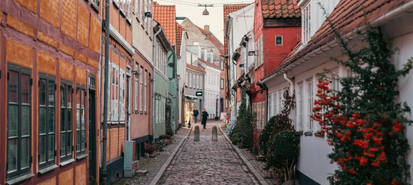 Liten gata i Helsingör med korsvirkeshus.