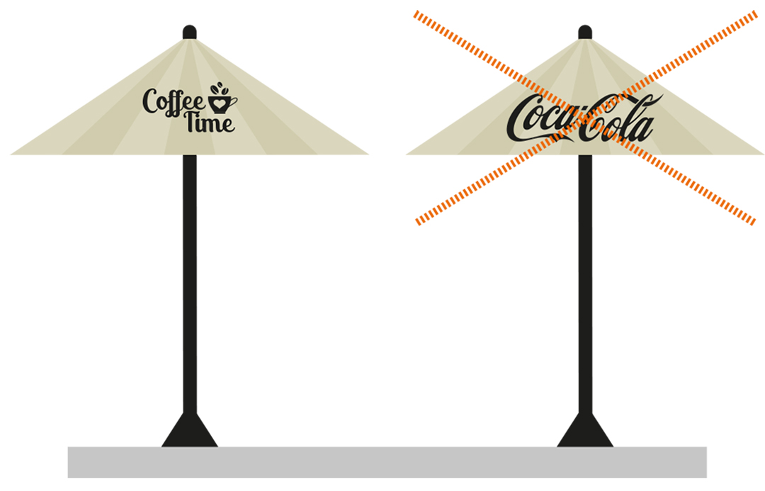 Illustration uteservering, logotyp och reklam på parasoll