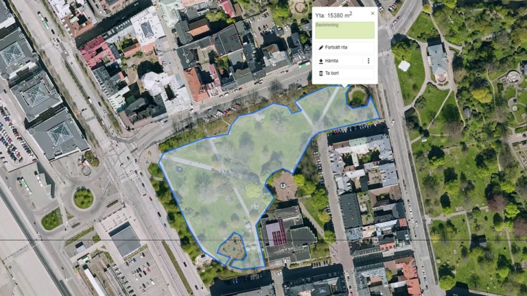 Karta som visar evenemangsområdet i Stadsparken, cirka 15 000 kvm