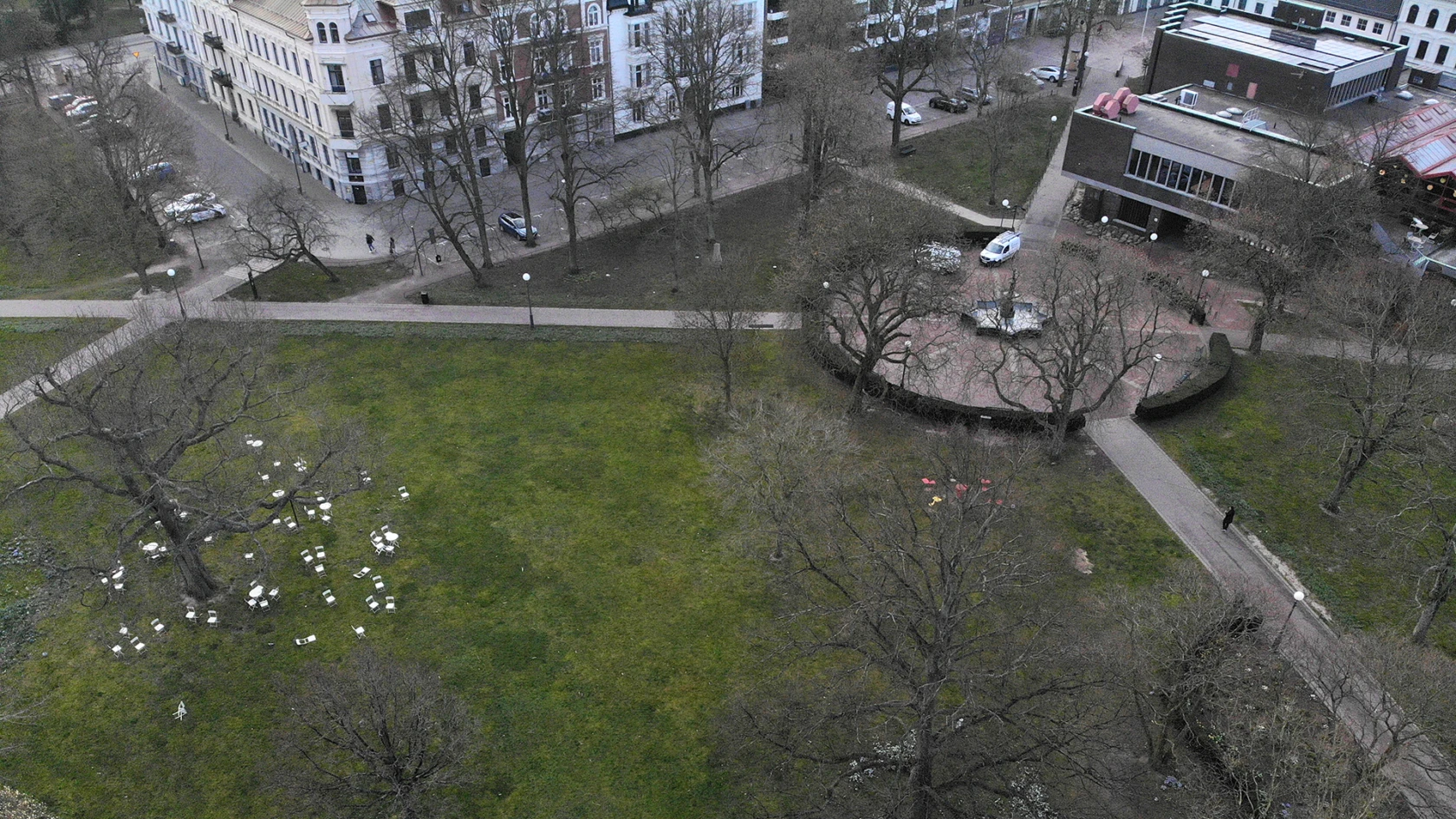 Vy över Stadsparken i Helsingborg från ovan, mot Carl Krooks gata