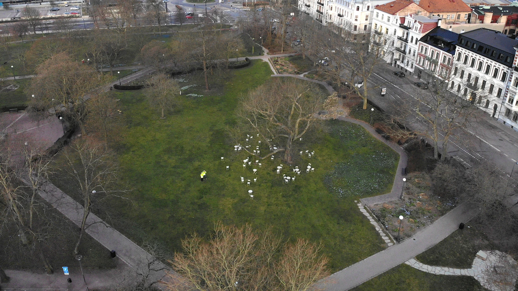 Vy över Stadsparken i Helsingborg från ovan, mot sundet