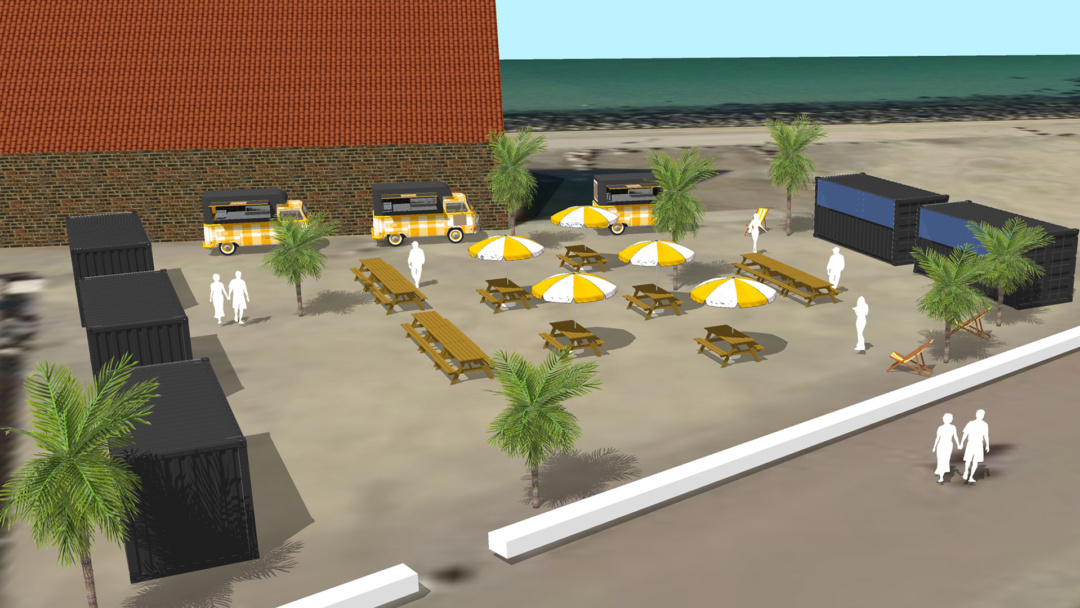 VIsionsbild som visar Matpark gröningen, med containrar, foodtrucks, bord och bänkar.