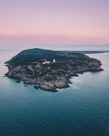 Drönarbild över Kullaberg i kvällsljus, himlen har en rosa ton.