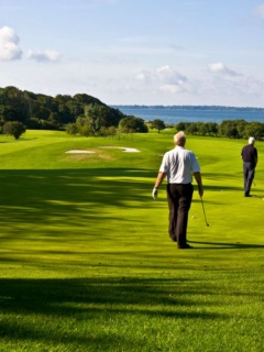 Två golfspelare på Rya golfbana med utsikt över Sundet.