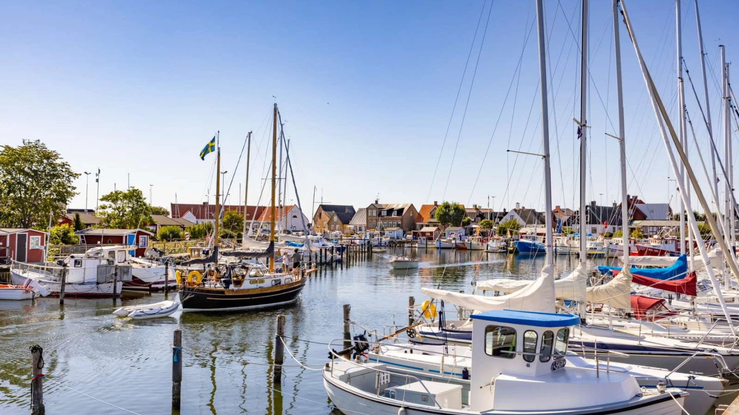 Råå hamn sommartid med segelbåtar. En träsegelbåt seglar in.