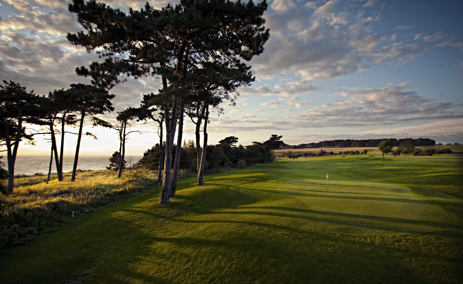 Landskrona golfbana vid havet, mellan golfbanan och havet står några träd.