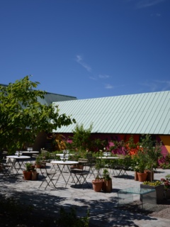 Innergården på Vejby vingård med en länga i röda toner och en stensatt altan med små bord för att sitta ner och smaka på vinerna.