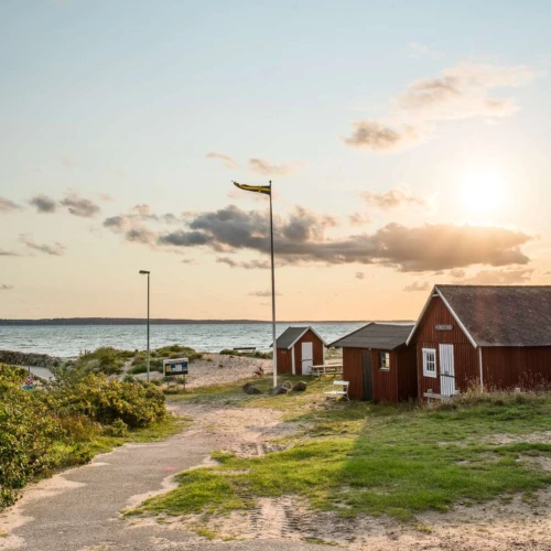 Två fiskebodar vid stranden i Domsten. Kvällsljus.