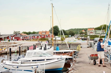 Kvinna med skottkärra och båtar i Domstens hamn